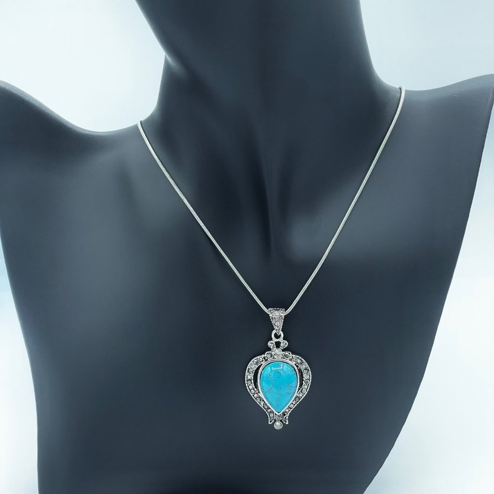 Sterling Silver Heart Imitation Turquoise Pendant Necklace